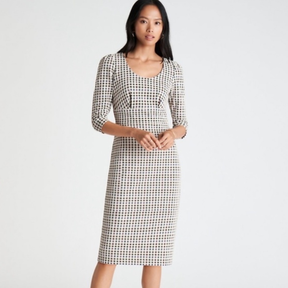 Ann Taylor Cream Checked Plaid Puff Sleeve Sheath Pencil Dress